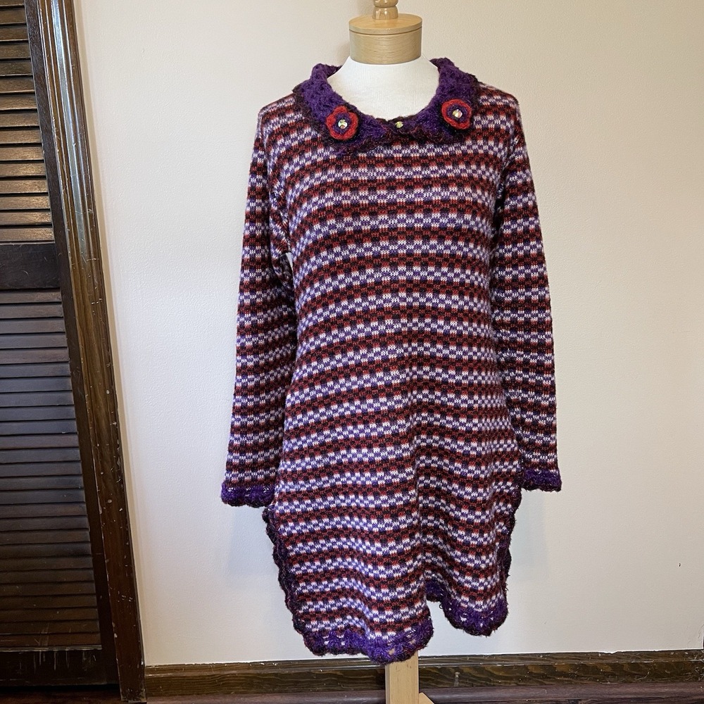 Darshana Garden Hosy Purple‎ Red Geometric Knit Sweater Dress Floral Pockets